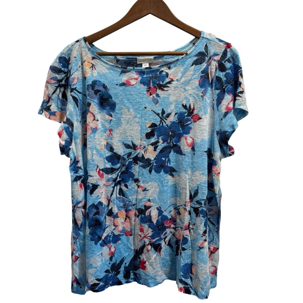 J. Jill Love Linen Size Large Blue Floral Short Sleeve Top Shirt Blouse